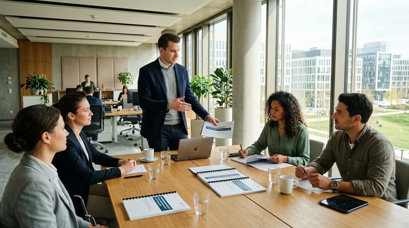Compliance Manager stellt dem Führungsteam in einer Bürobesprechung die Ergebnisse einer Risikoanalyse vor