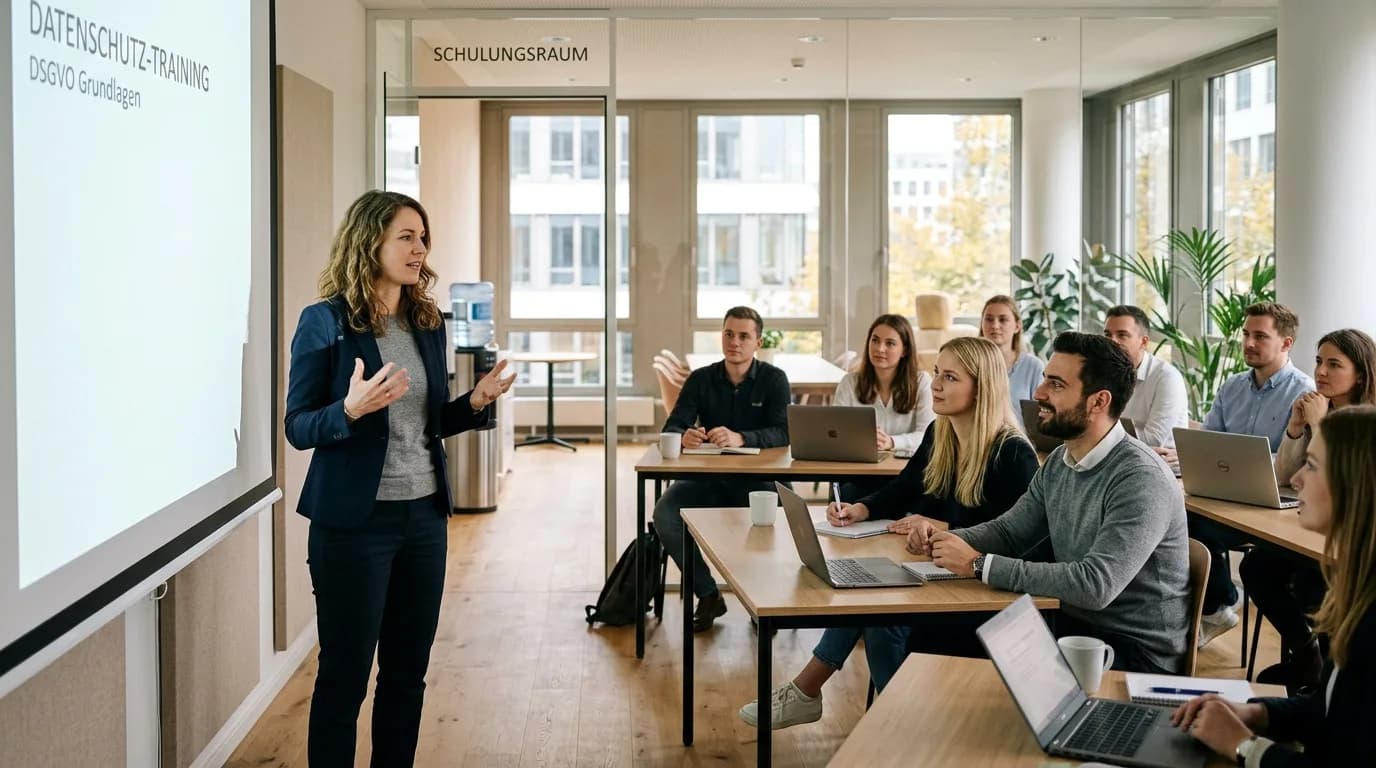 Datenschutzbeauftragter erklärt Mitarbeitern in einem Schulungsraum die Grundlagen der DSGVO
