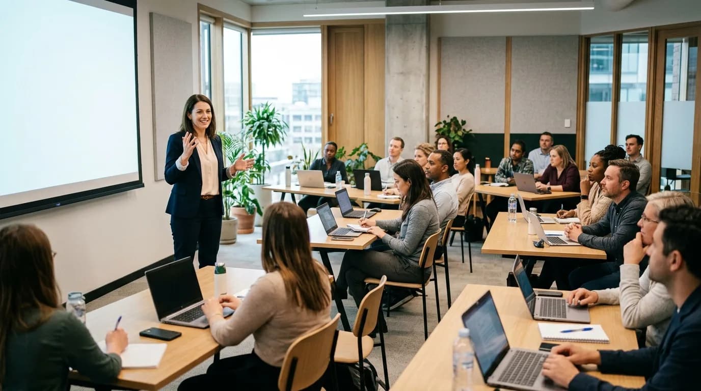 Datenschutzbeauftragter erklärt Mitarbeitern in einem Schulungsraum die Grundlagen der DSGVO