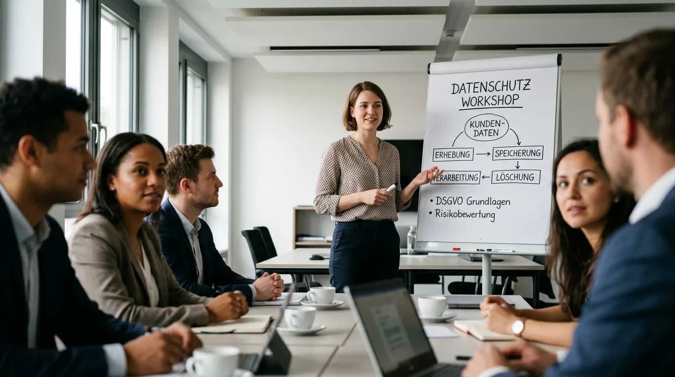 Datenschutzbeauftragter erklärt Mitarbeitern in einem Schulungsraum die Grundlagen der DSGVO