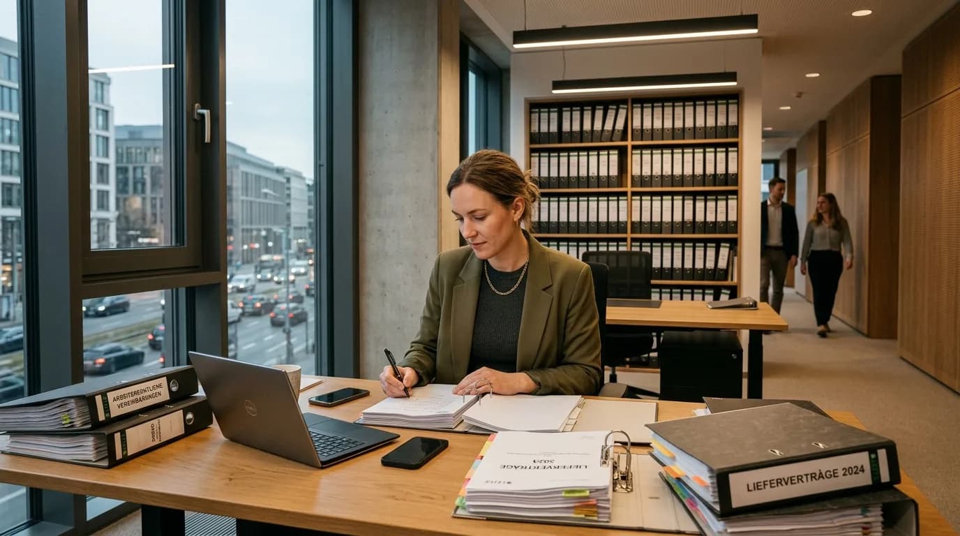 Legal Counsel arbeitet konzentriert Vertragsunterlagen und Aktenordner an einem Fensterarbeitsplatz durch