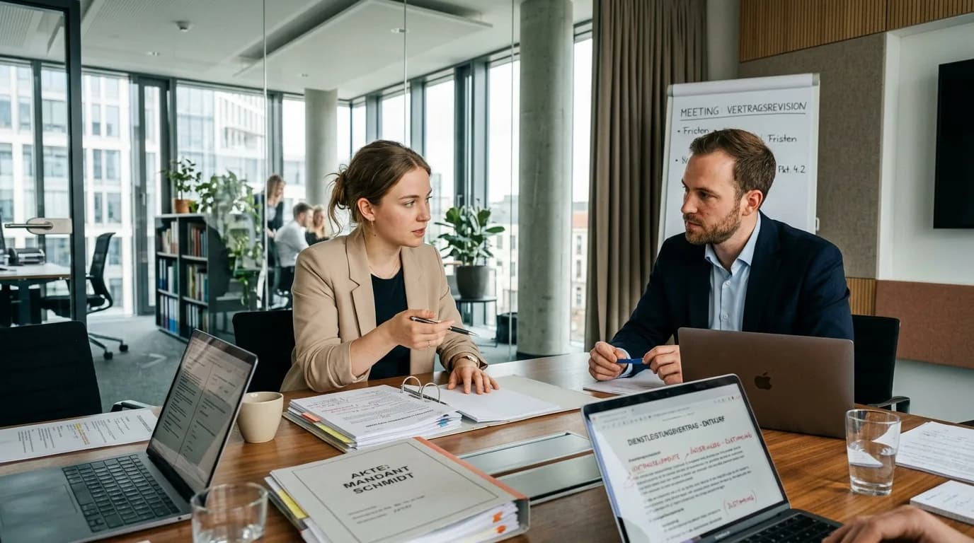 Paralegal bespricht Vertragsentwürfe mit einer Juristin am Besprechungstisch einer Rechtsabteilung