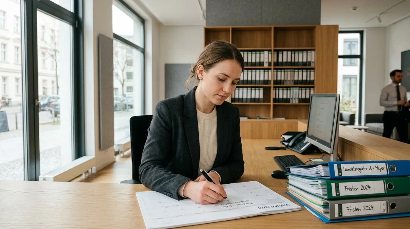 Rechtsanwaltsfachangestellte bearbeitet Fristen und Schriftsätze am Empfang einer Kanzlei