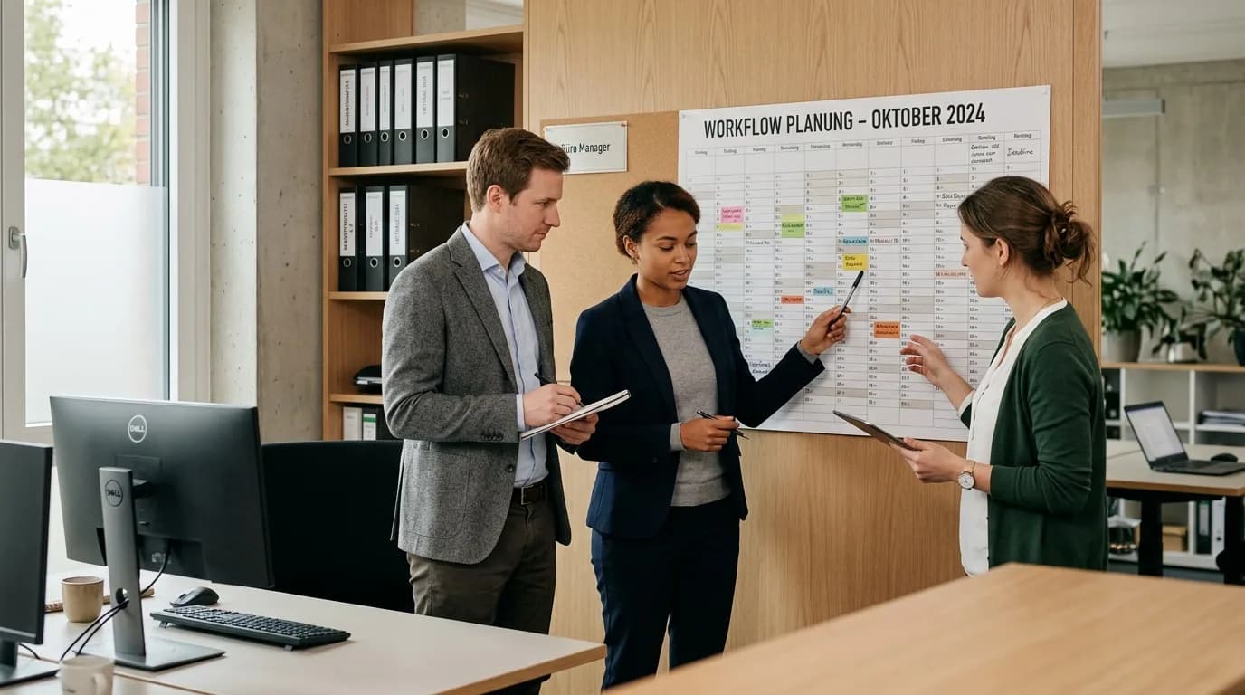 Rechtsfachwirt plant mit dem Kanzleiteam die Büroorganisation an einem Wandkalender im Backoffice