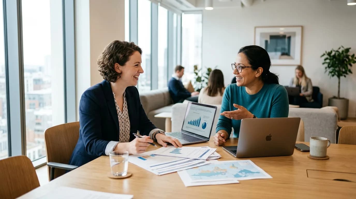 Account Manager bespricht mit einer Kundin Unterlagen an einem Besprechungstisch in hellem Tageslicht