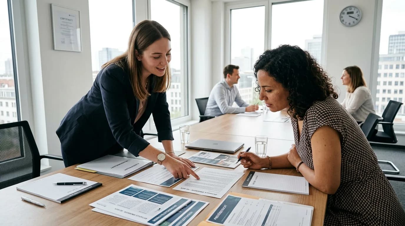 Account Manager bespricht mit einer Kundin Unterlagen an einem Besprechungstisch in hellem Tageslicht