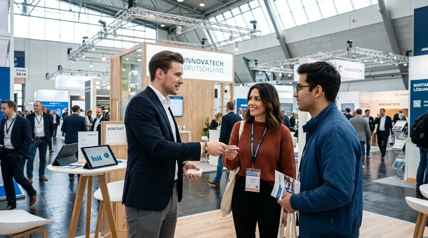 Business Development Manager im Gespräch an einem Messestand mit Fachbesuchern zwischen Ausstellungsflächen