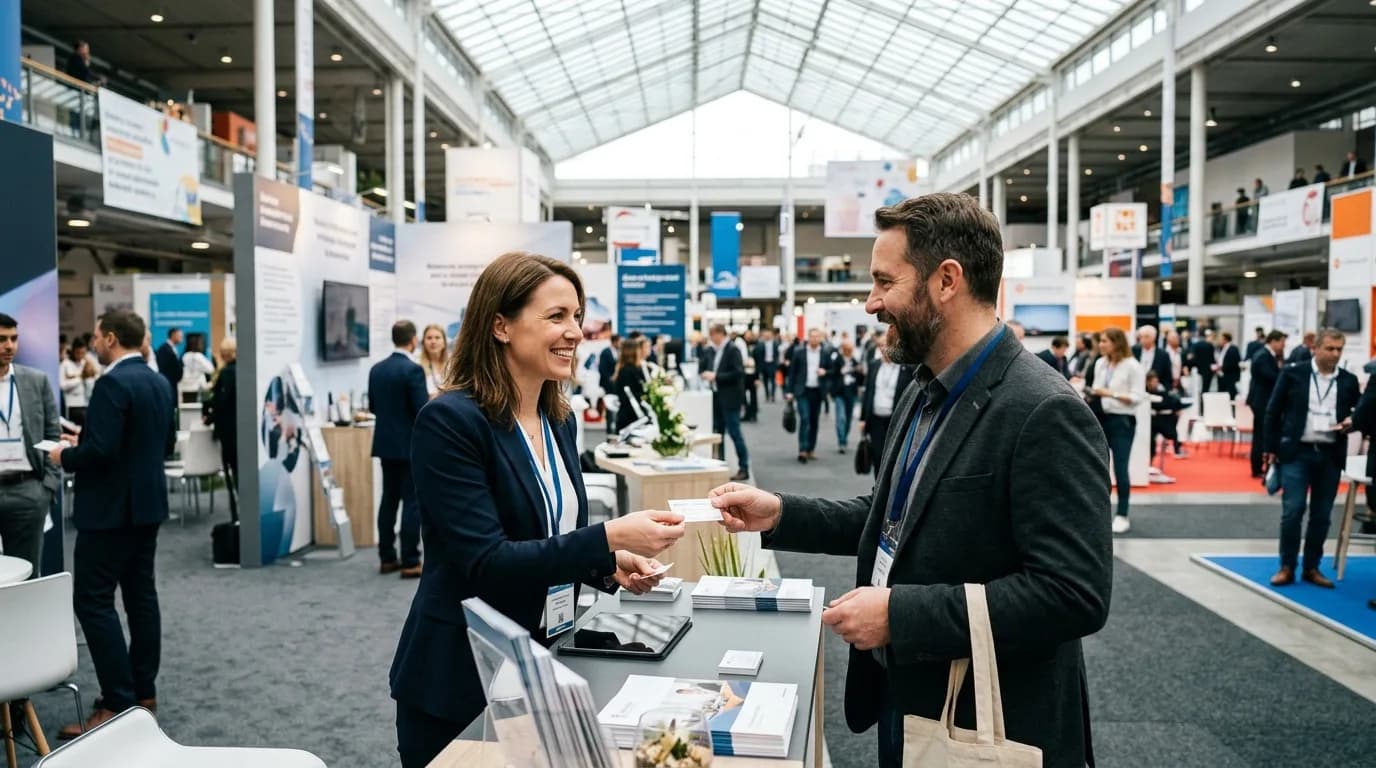 Business Development Manager im Gespräch an einem Messestand mit Fachbesuchern zwischen Ausstellungsflächen