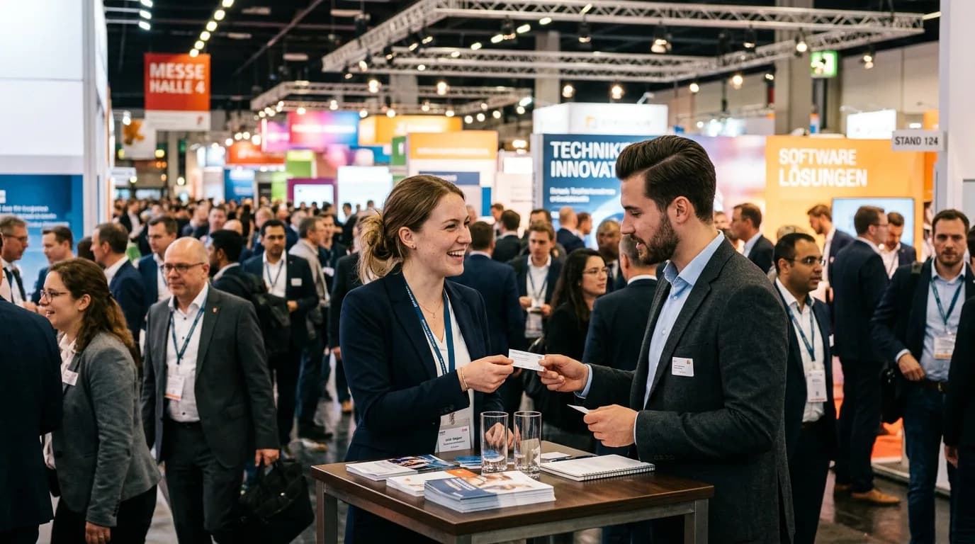 Business Development Manager im Gespräch an einem Messestand mit Fachbesuchern zwischen Ausstellungsflächen