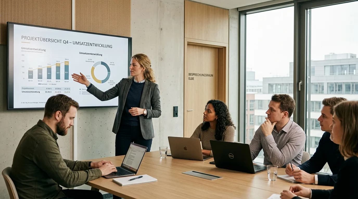 Key Account Manager präsentiert einem kleinen Kundenteam Zahlen an einem Bildschirm im Besprechungsraum