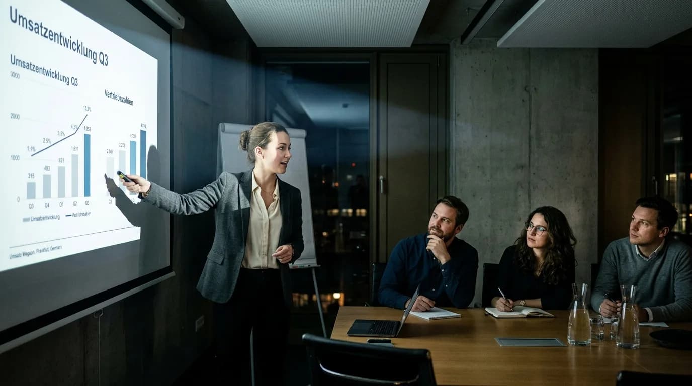 Key Account Manager präsentiert einem kleinen Kundenteam Zahlen an einem Bildschirm im Besprechungsraum