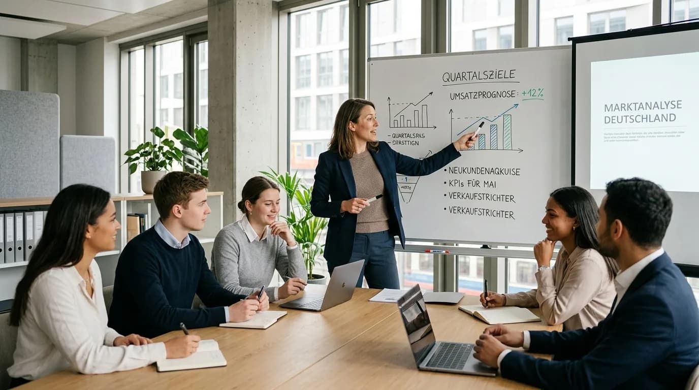 Vertriebsleiterin bespricht mit ihrem Team Kennzahlen an einem Whiteboard in einem Büro mit Tageslicht