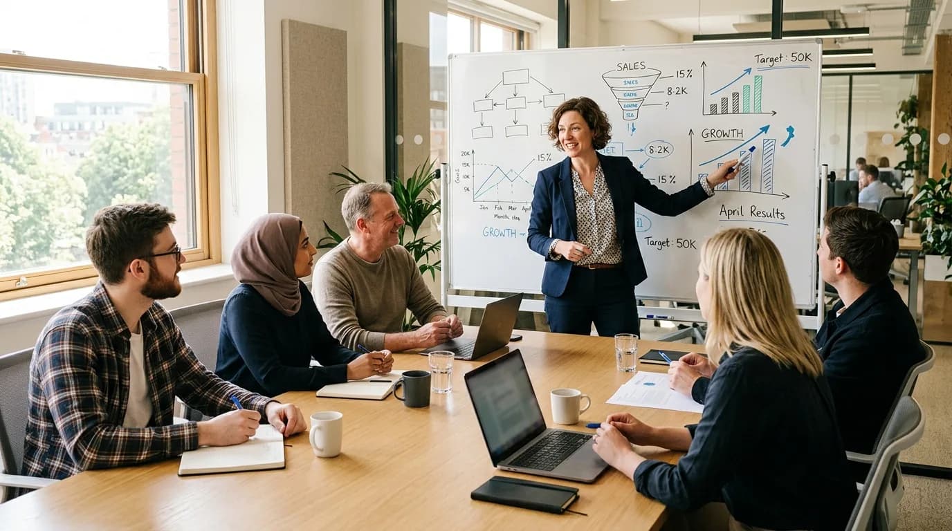 Vertriebsleiterin bespricht mit ihrem Team Kennzahlen an einem Whiteboard in einem Büro mit Tageslicht