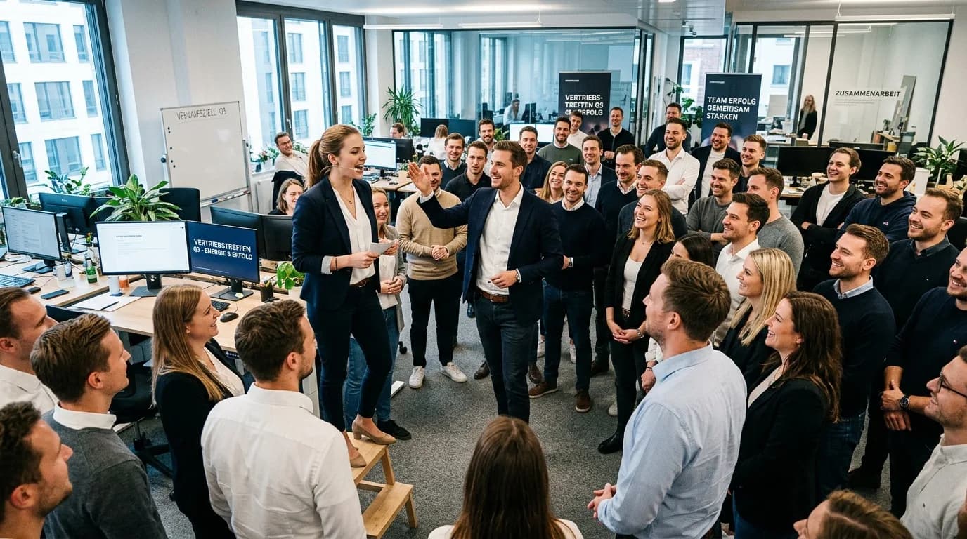 Vertriebsleiterin bespricht mit ihrem Team Kennzahlen an einem Whiteboard in einem Büro mit Tageslicht