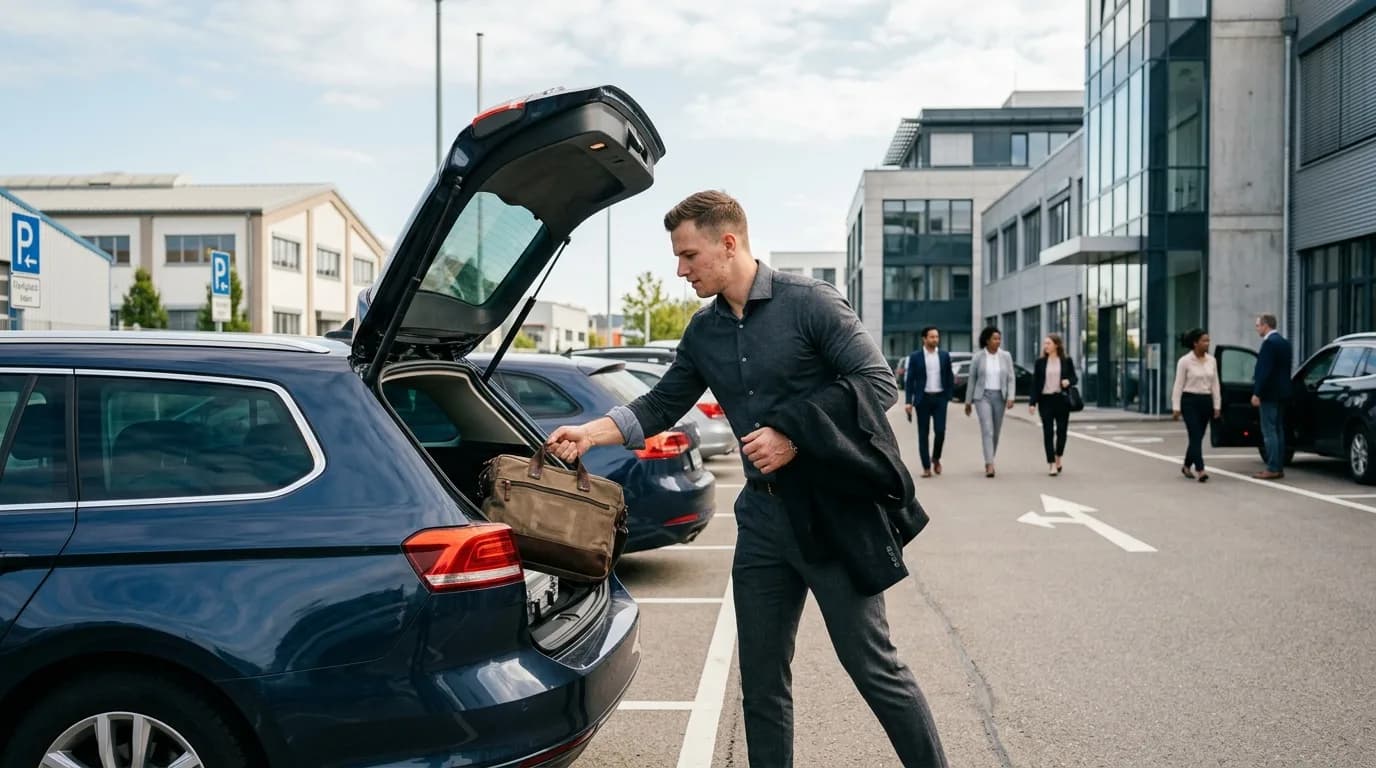 Vertriebsmitarbeiter im Außendienst lädt seine Tasche in ein Auto auf einem Firmenparkplatz am Morgen