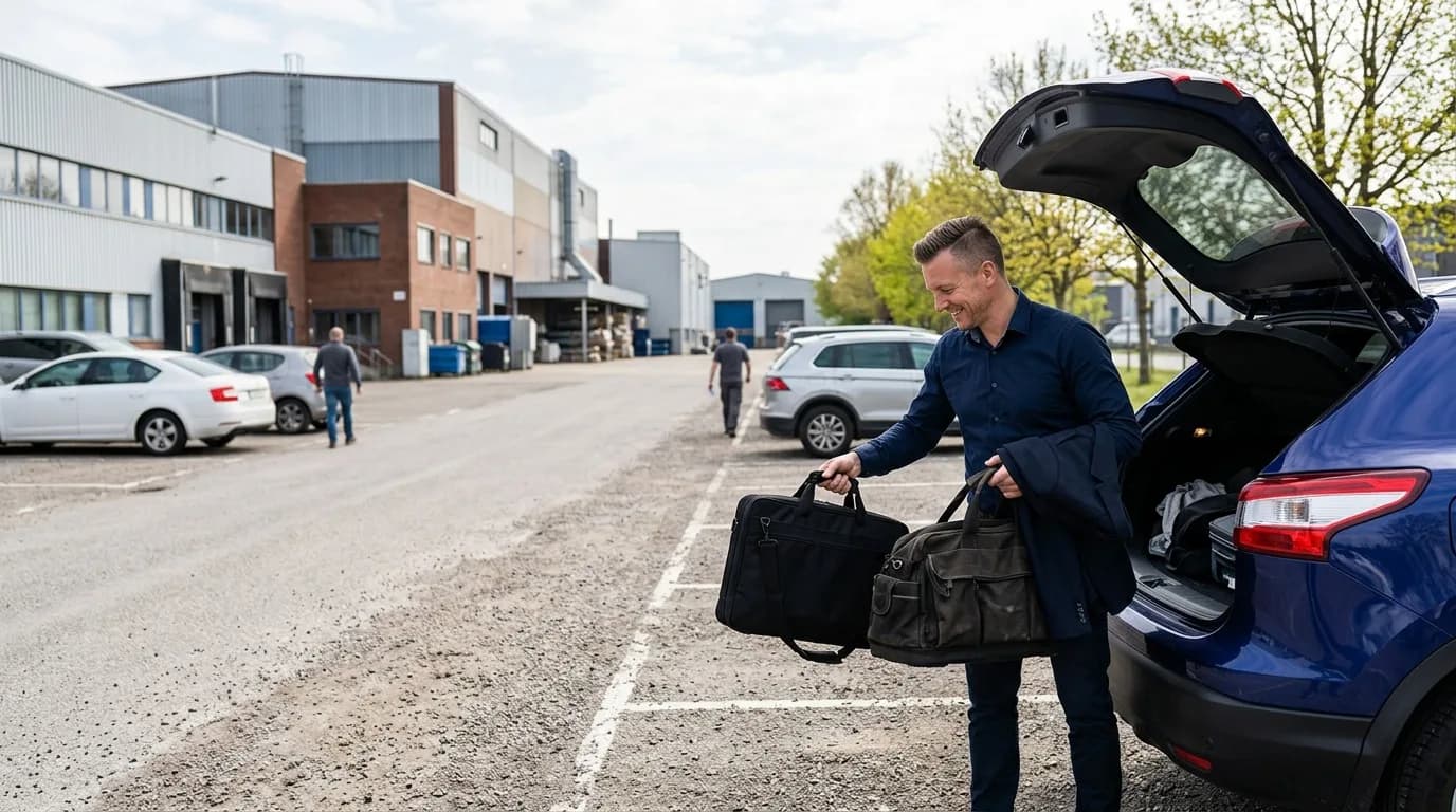 Vertriebsmitarbeiter im Außendienst lädt seine Tasche in ein Auto auf einem Firmenparkplatz am Morgen