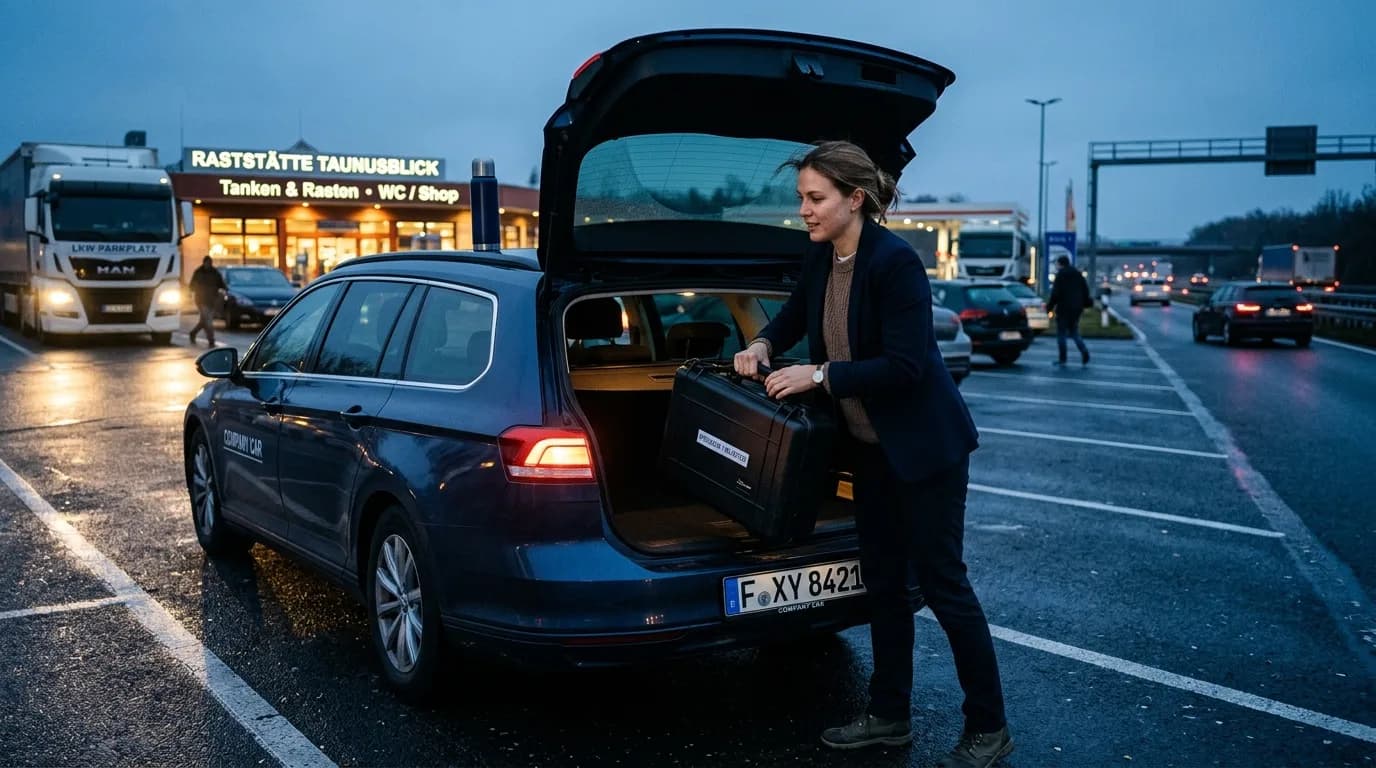 Vertriebsmitarbeiter im Außendienst lädt seine Tasche in ein Auto auf einem Firmenparkplatz am Morgen