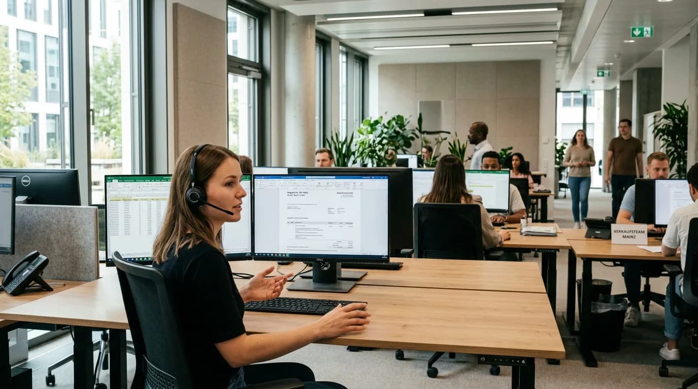Vertriebsmitarbeiterin im Innendienst telefoniert am Schreibtisch mit Headset und prüft ein Angebot am Bildschirm
