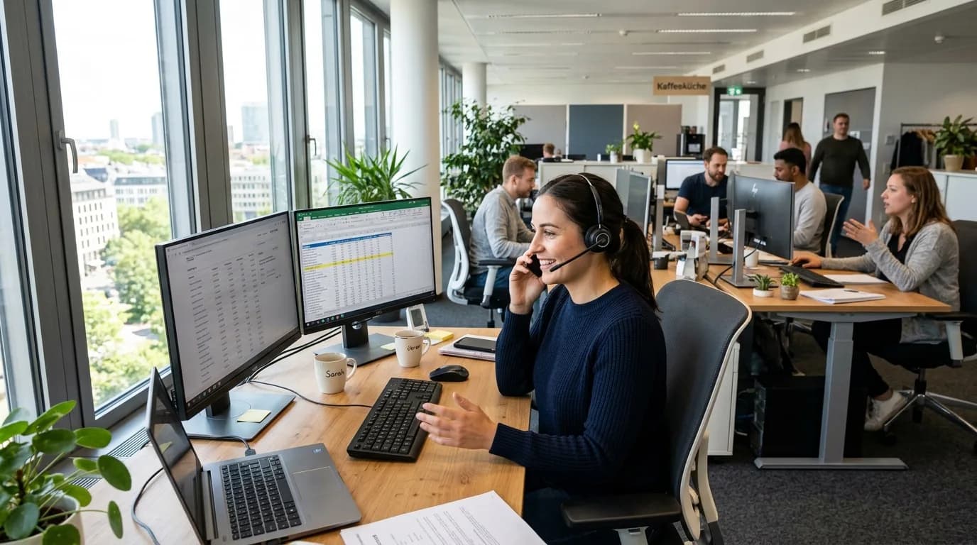 Vertriebsmitarbeiterin im Innendienst telefoniert am Schreibtisch mit Headset und prüft ein Angebot am Bildschirm