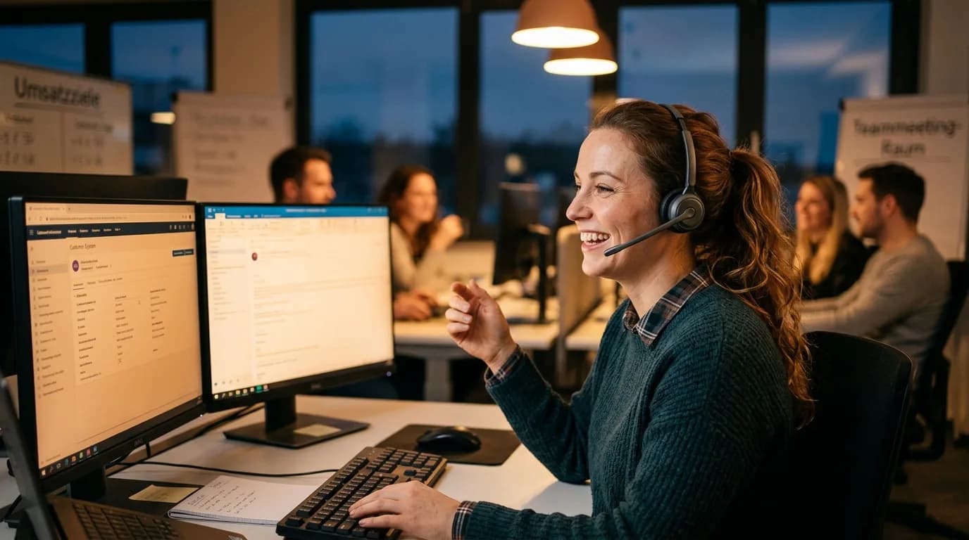 Vertriebsmitarbeiterin im Innendienst telefoniert am Schreibtisch mit Headset und prüft ein Angebot am Bildschirm