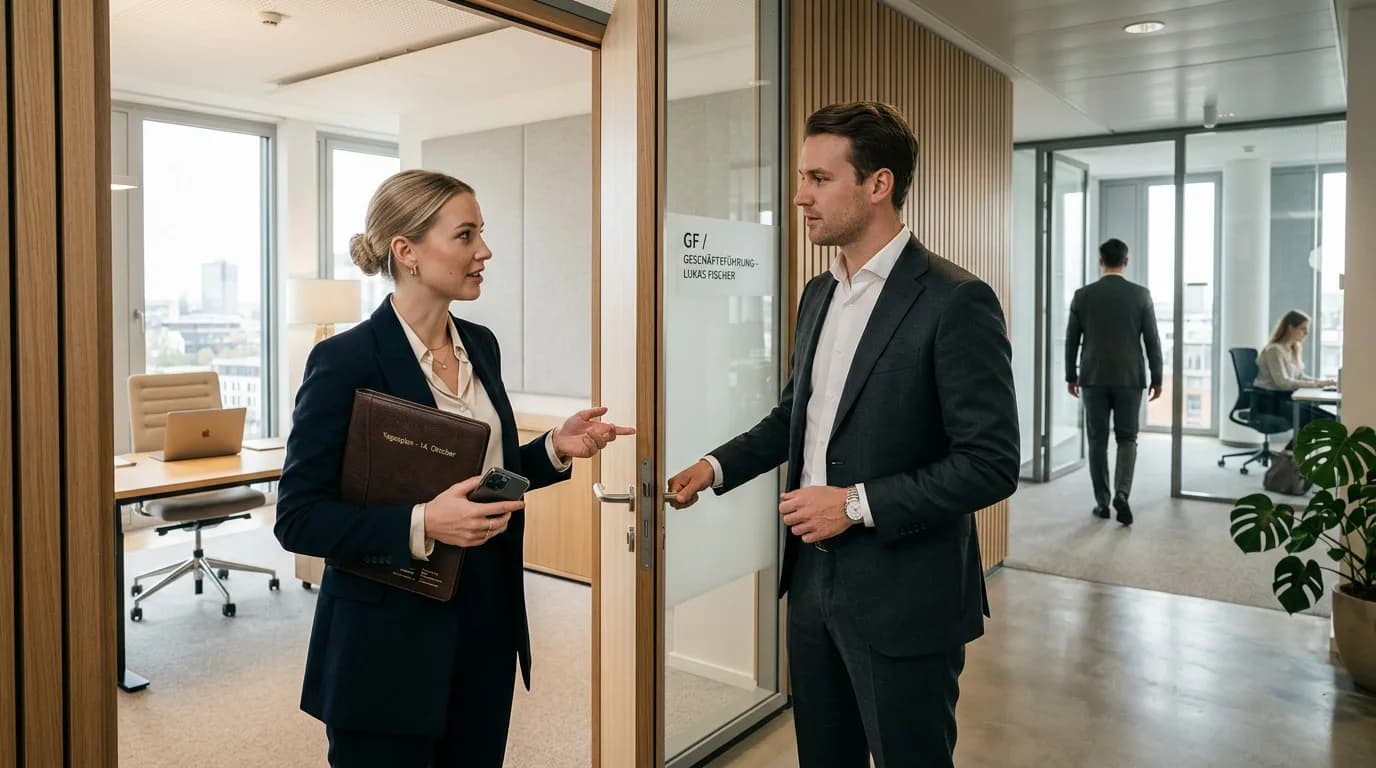 Assistentin der Geschäftsführung stimmt im Büro den Tagesplan mit dem Geschäftsführer ab, Unterlagen auf dem Tisch