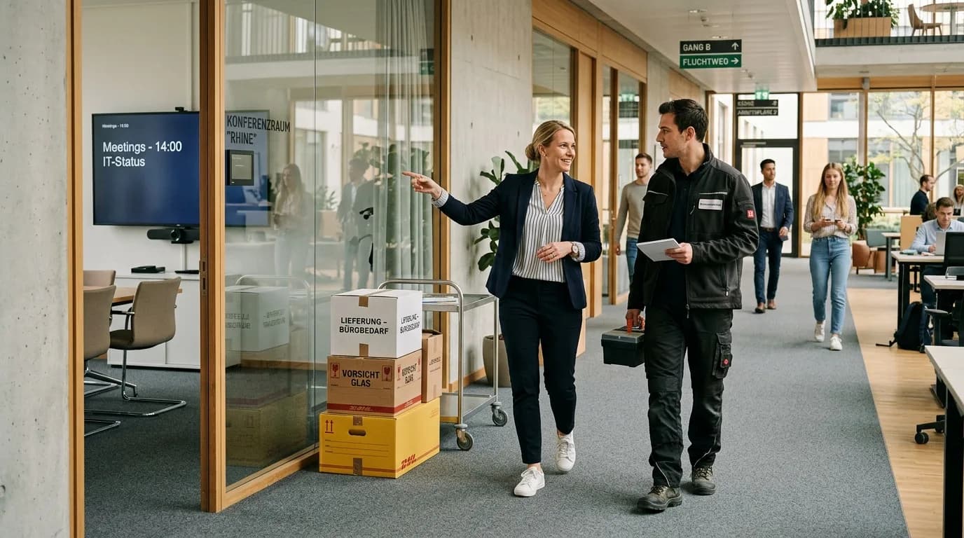 Office Manager bespricht mit einem Dienstleister die Ausstattung eines Besprechungsraums im Bürogebäude
