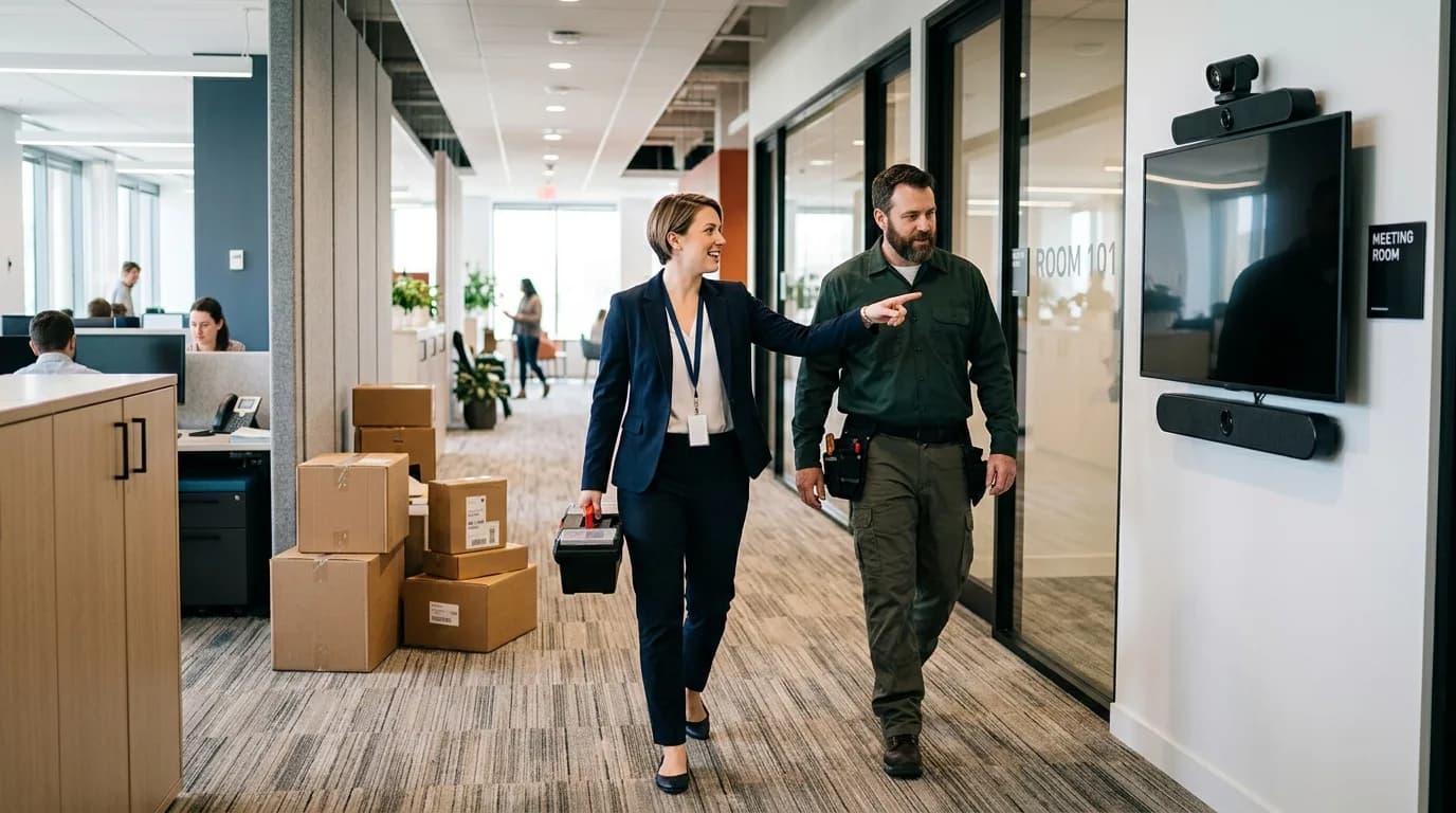 Office Manager bespricht mit einem Dienstleister die Ausstattung eines Besprechungsraums im Bürogebäude