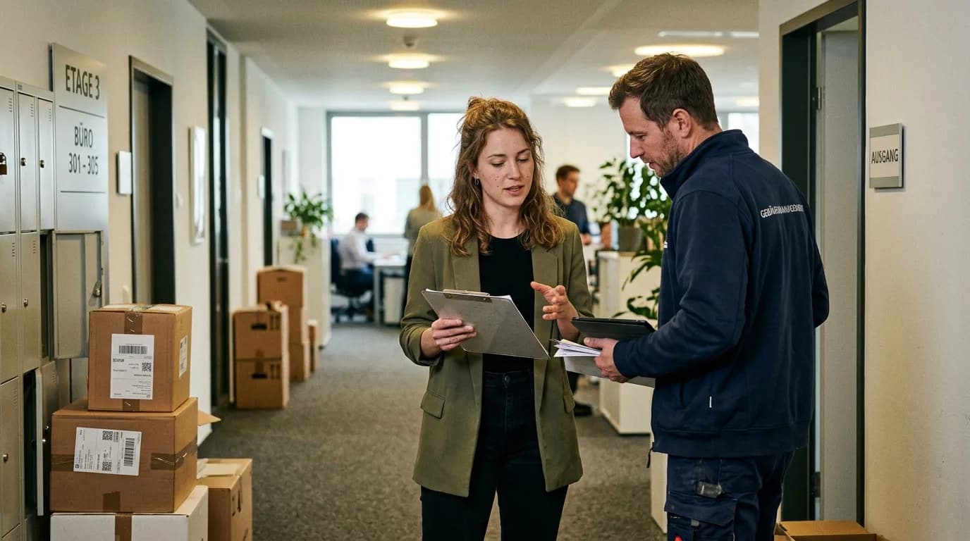 Office Manager bespricht mit einem Dienstleister die Ausstattung eines Besprechungsraums im Bürogebäude