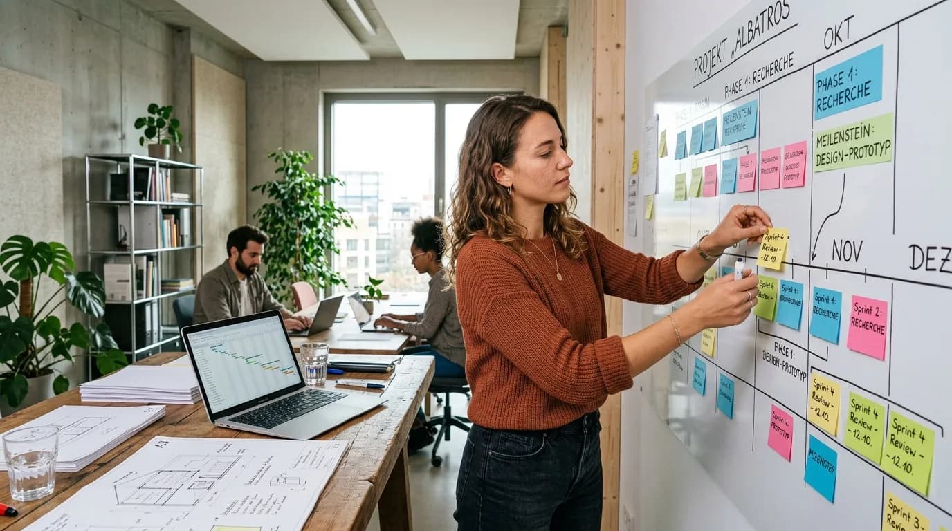 Projektassistenz pflegt eine Projektzeitleiste an einer großen Wandtafel