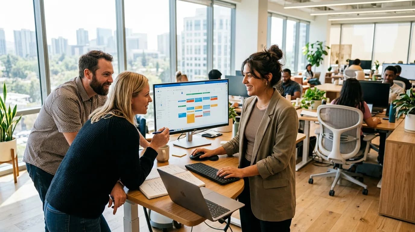 Teamassistentin stimmt am Schreibtisch Termine mit zwei Kollegen ab, Kalender auf dem Bildschirm