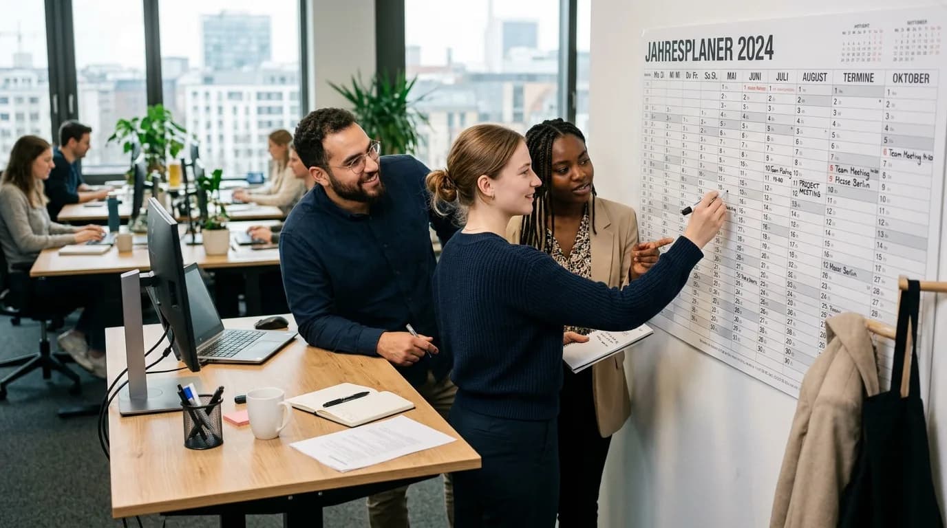 Teamassistentin stimmt am Schreibtisch Termine mit zwei Kollegen ab, Kalender auf dem Bildschirm