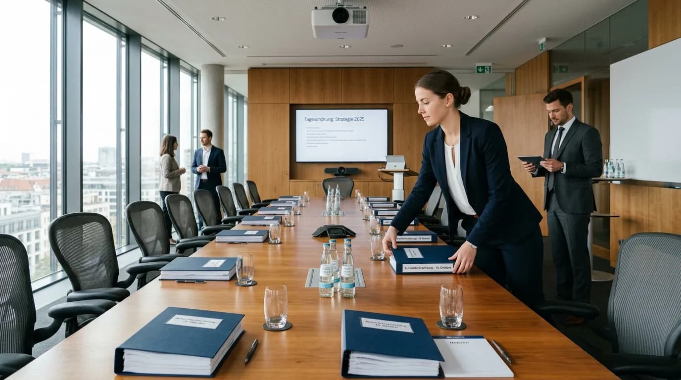 Vorstandsassistentin bereitet in einem Konferenzraum Unterlagen und Technik für eine Gremiensitzung vor