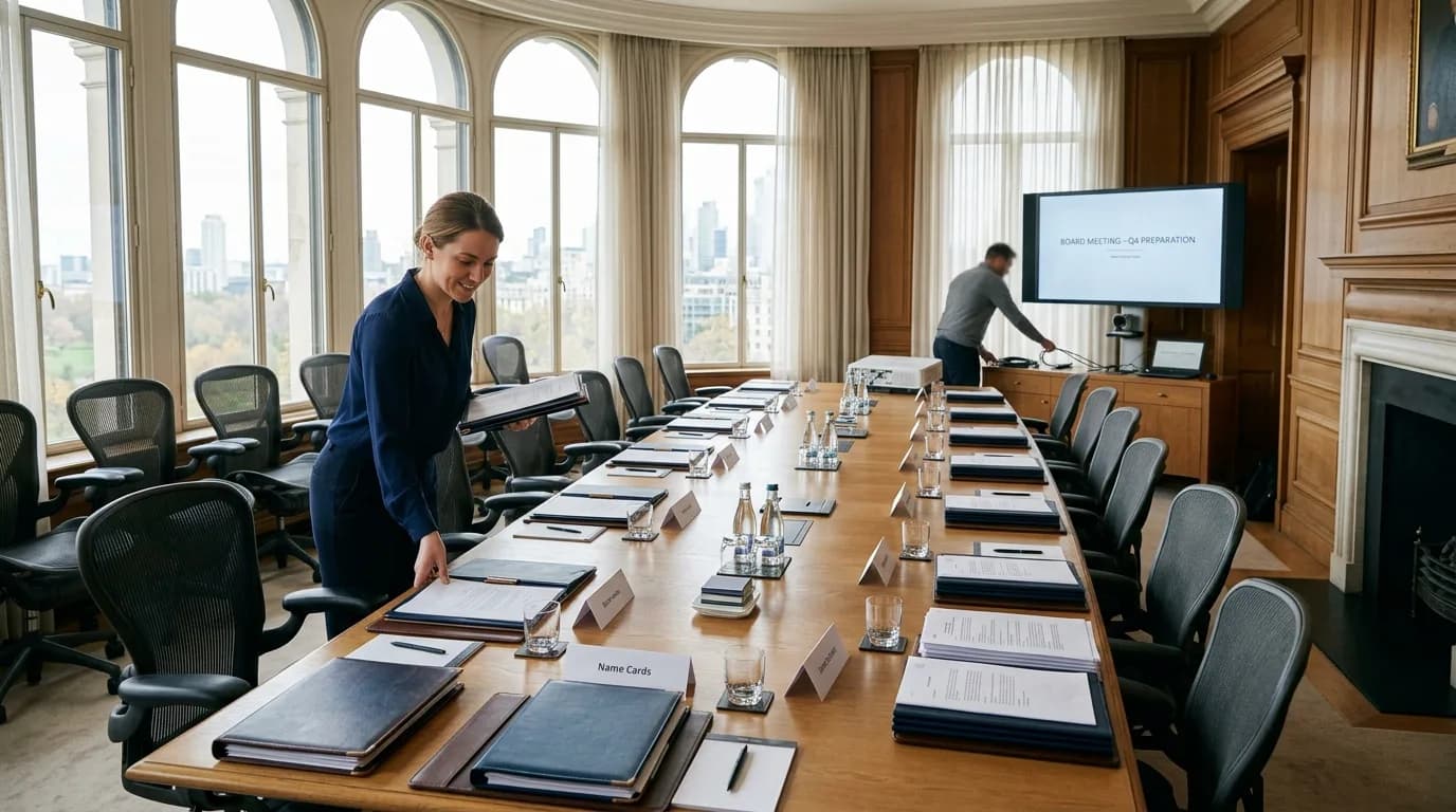 Vorstandsassistentin bereitet in einem Konferenzraum Unterlagen und Technik für eine Gremiensitzung vor