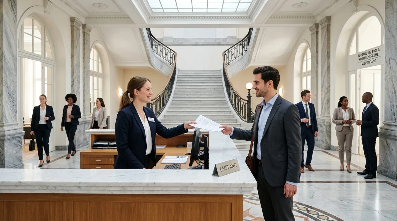 Assistentin organisiert Termine am Schreibtisch mit zwei Bildschirmen in einem hellen Büro