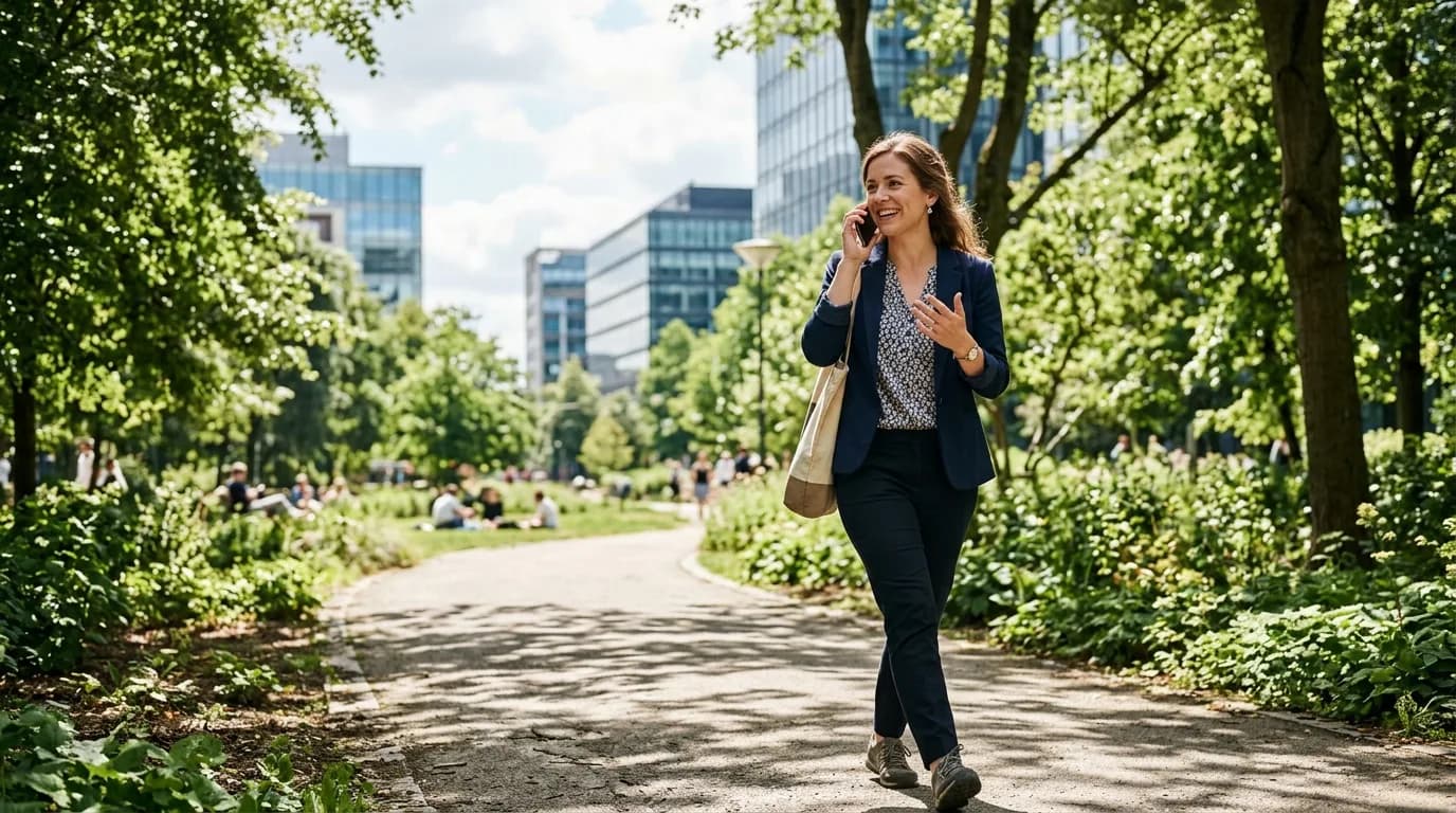 Recruiterin telefoniert beim Spaziergang im Park nahe dem Büro mit einer Kandidatin