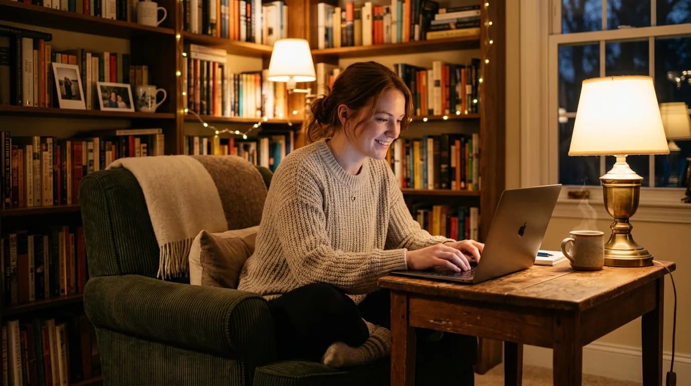 Bewerber formuliert sein Anschreiben am Laptop in einer gemütlichen Leseecke mit warmer Lampe