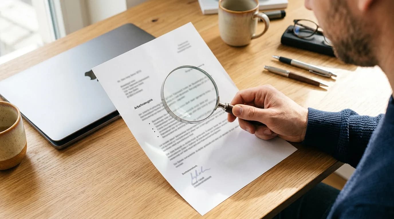 Arbeitszeugnis wird mit einer Lupe im Detail geprüft, Schreibtisch von oben