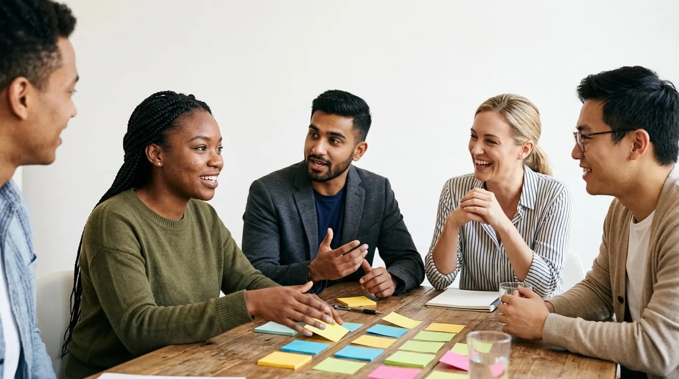 Kleine Gruppe junger Berufstätiger arbeitet gemeinsam an einem hellen Besprechungstisch