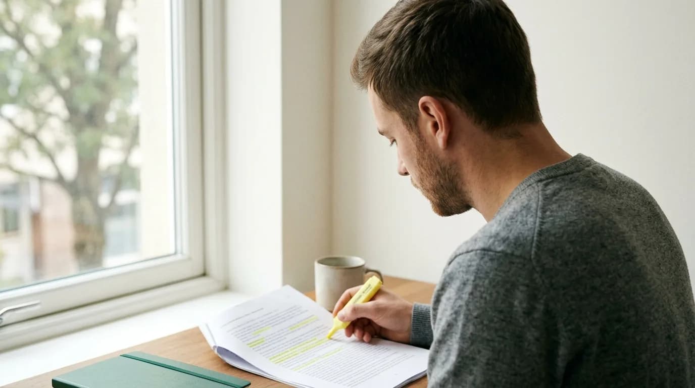 Ein Bewerber markiert Textpassagen in seinem ausgedruckten Lebenslauf mit einem Textmarker