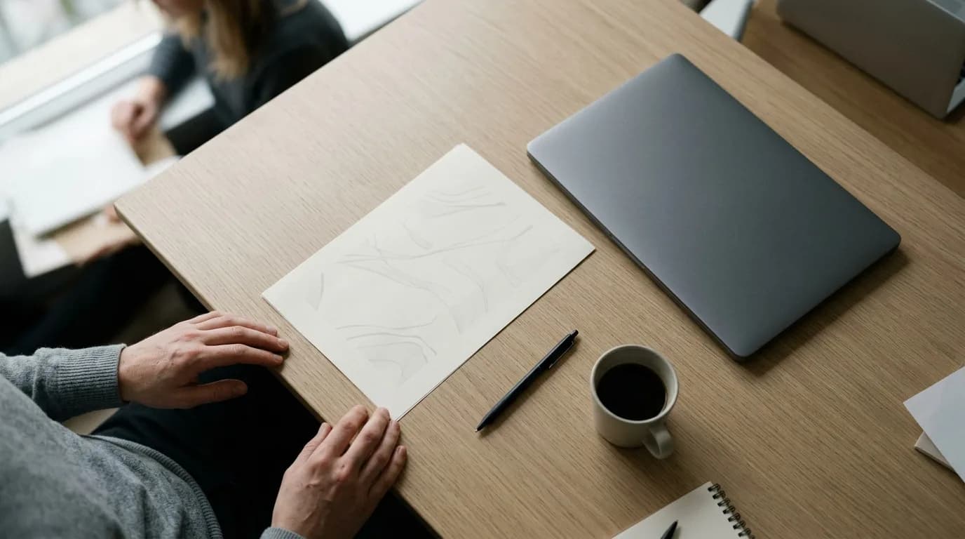 Ein aufgeräumter Schreibtisch mit einem schlicht gestalteten Lebenslauf neben einem Laptop