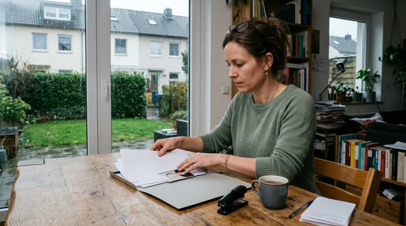 Frau sortiert an einem regnerischen Nachmittag am Esstisch Zeugnisse und ein Bewerbungsfoto in eine graue Mappe