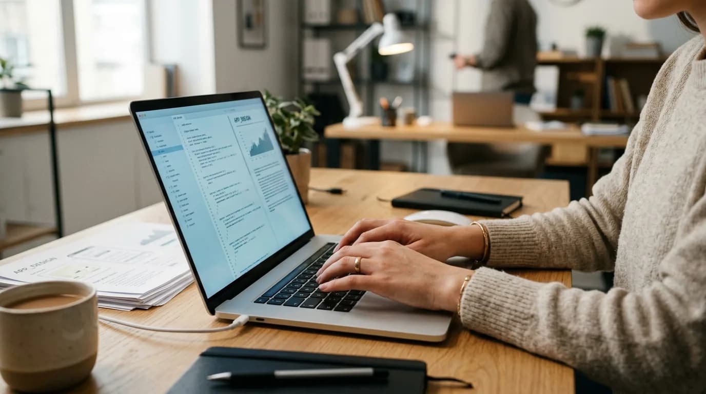 Hände am Laptop beim Verfassen einer Bewerbung mit digitaler Unterstützung, moderner Schreibtisch