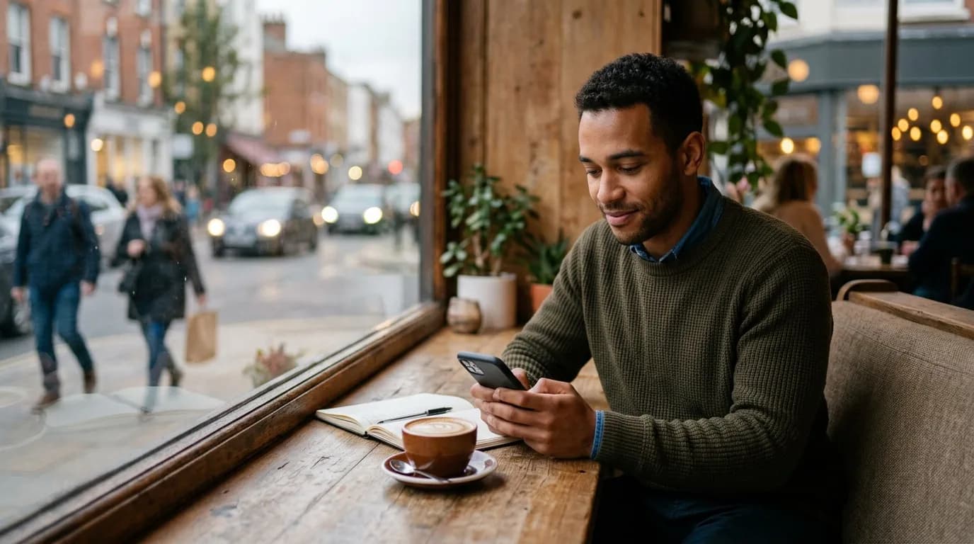 Bewerber wartet am Cafe-Fenster auf eine Rückmeldung und schaut auf sein Handy