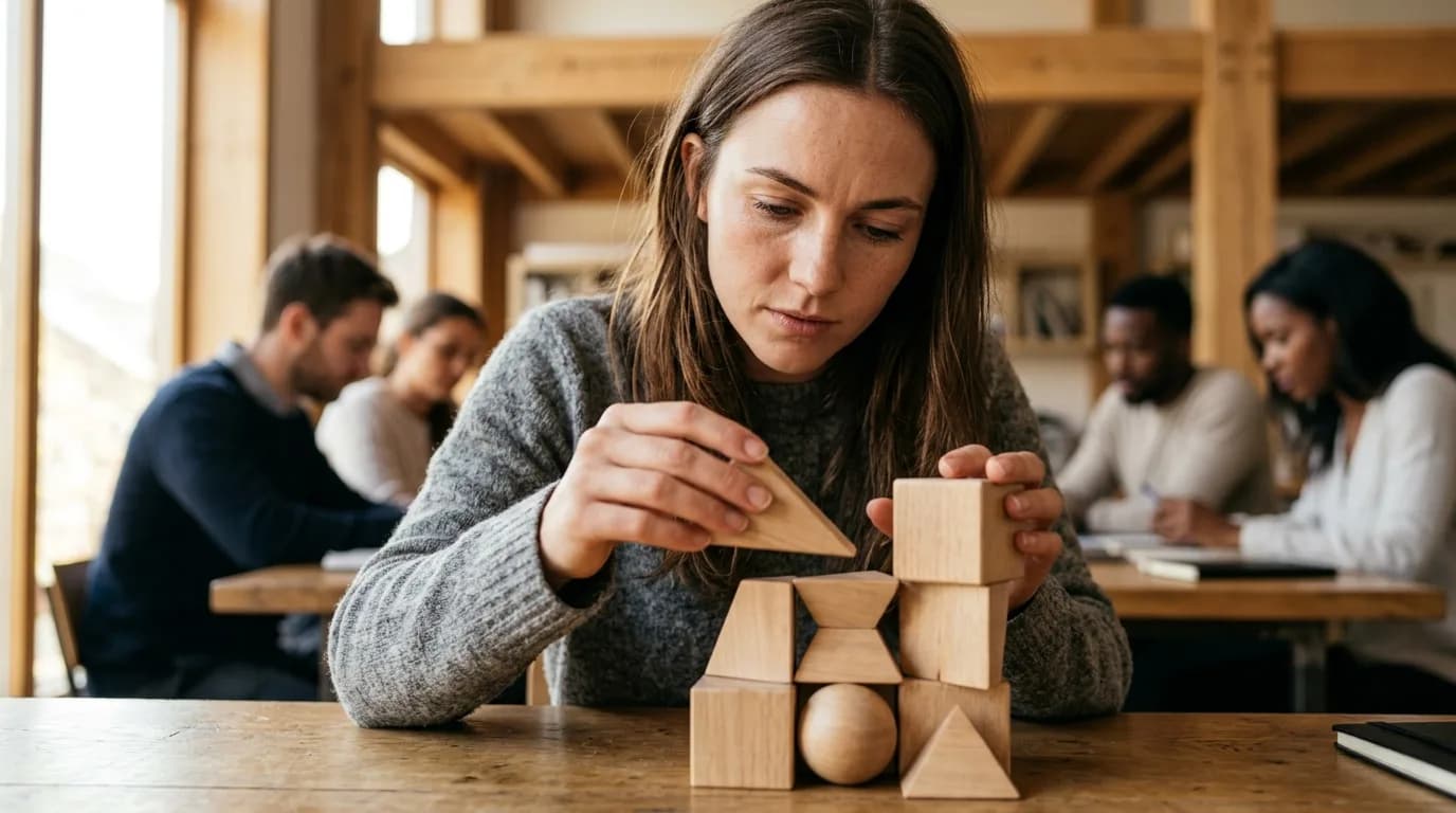 Junge Person löst konzentriert eine Denksportaufgabe mit geometrischen Holzformen am Tisch.