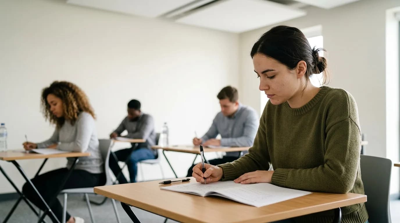 Junge Bewerberin sitzt konzentriert an einem hellen Schreibtisch und macht sich mit einem Stift Notizen.