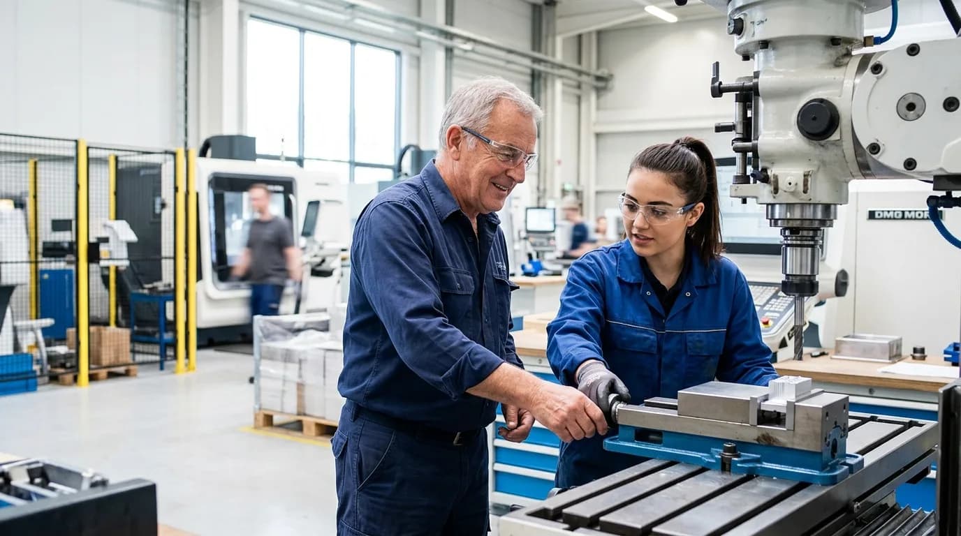Ausbilder erklärt einer Nachwuchskraft eine Maschine in einer hellen Produktionshalle