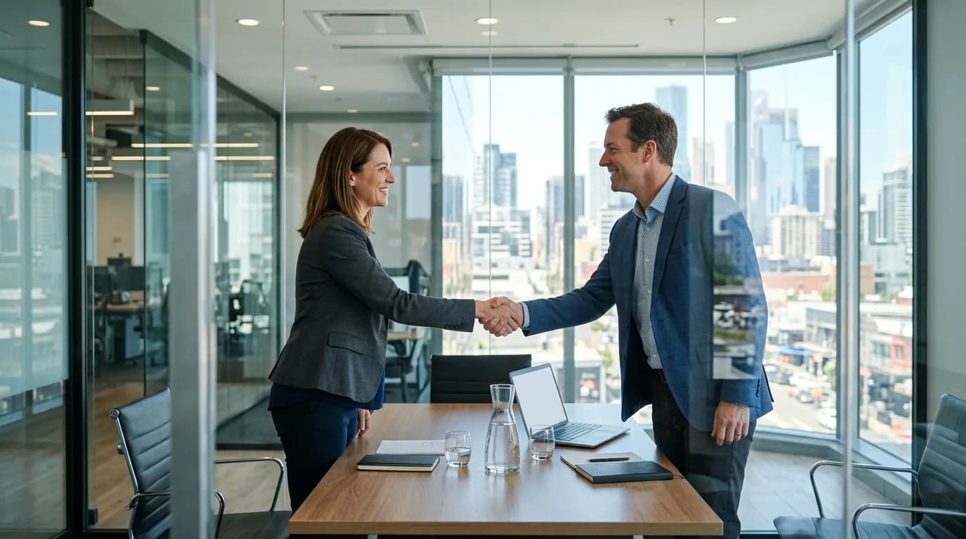 Handschlag nach einer erfolgreichen Gehaltsverhandlung im gläsernen Besprechungsraum