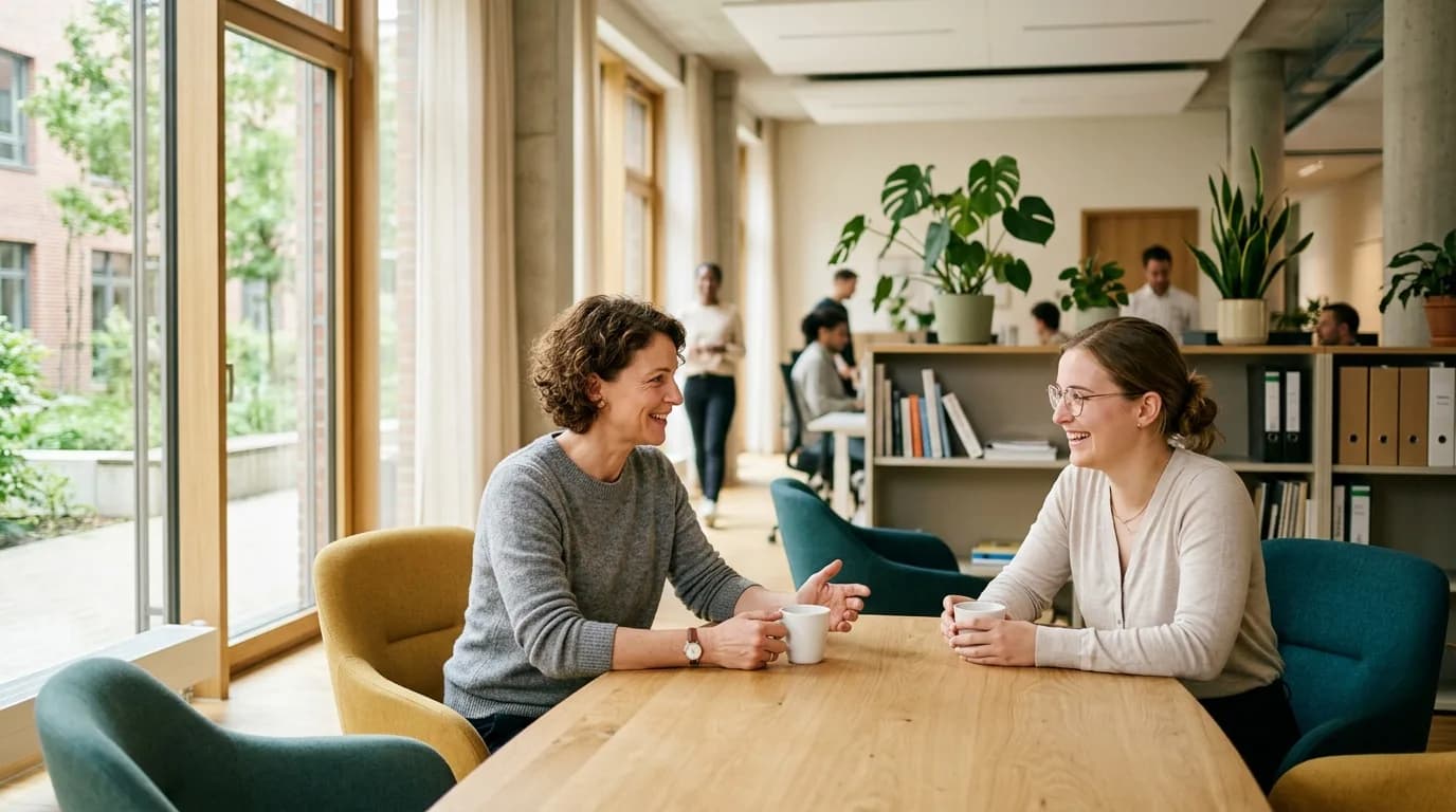 Führungskraft im freundlichen Gespräch mit einer Mitarbeiterin am Besprechungstisch