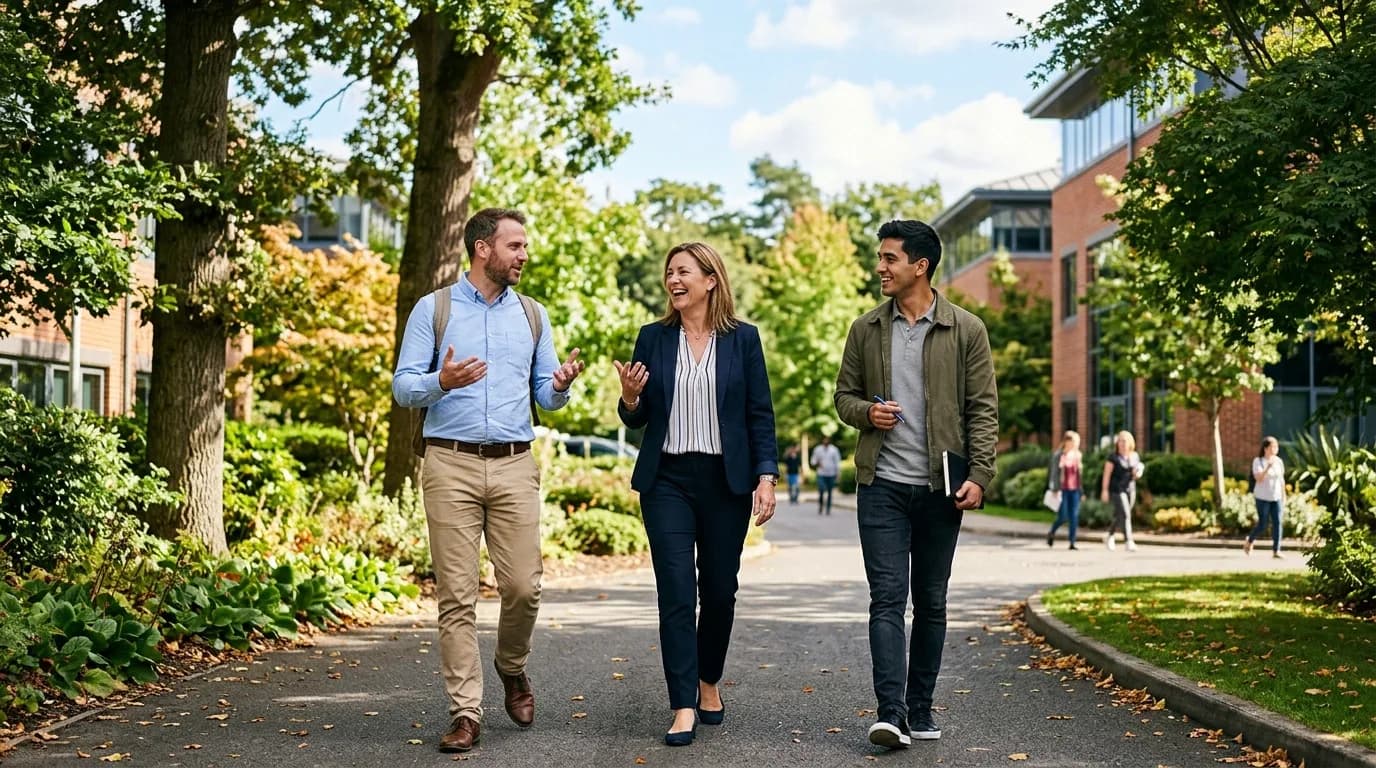 Führungskraft im Walking Meeting mit dem Team auf einem grünen Firmengelände
