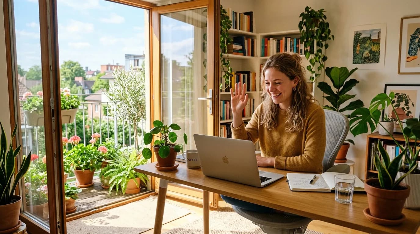Videokonferenz im hellen Homeoffice mit offener Balkontür und Pflanzen